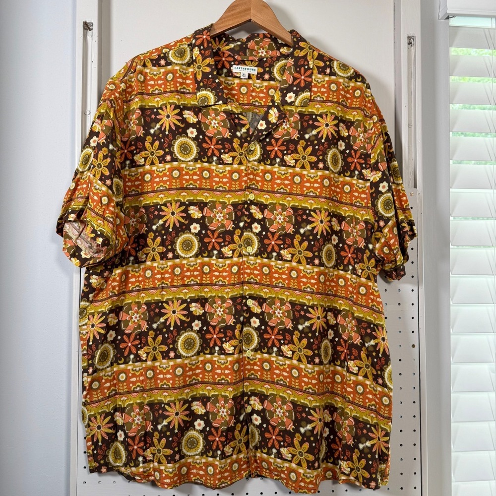 Earthbound Trading Co. Camp Shirt Men's Yellow Brown Floral Short Sleeve - XL